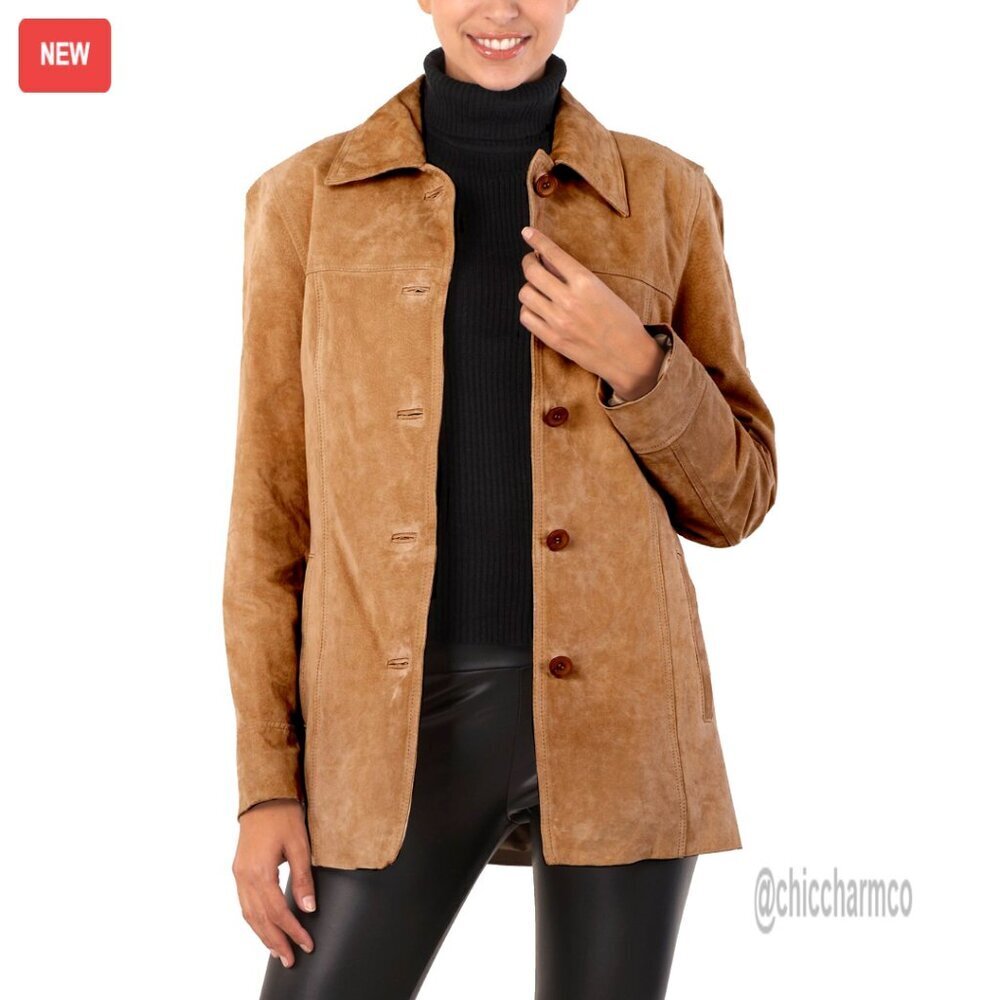 Suede Leather Car Coat with Button Closure and Hidden Pockets